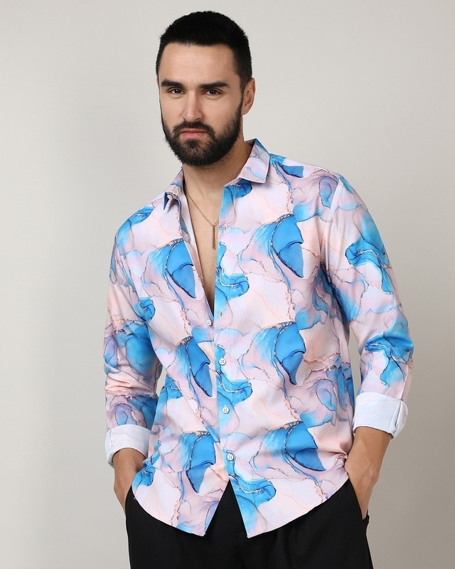 Shop Men's Pink & Sky Blue All Over Marble Printed Shirt-Front