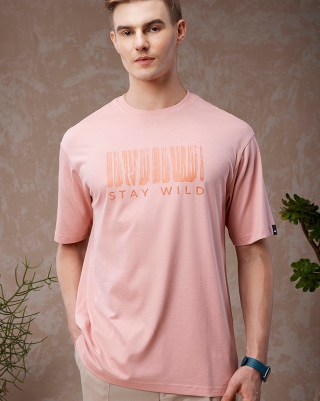 Shop Men's Pink Stay Wild Typography Oversized T-shirt-Front