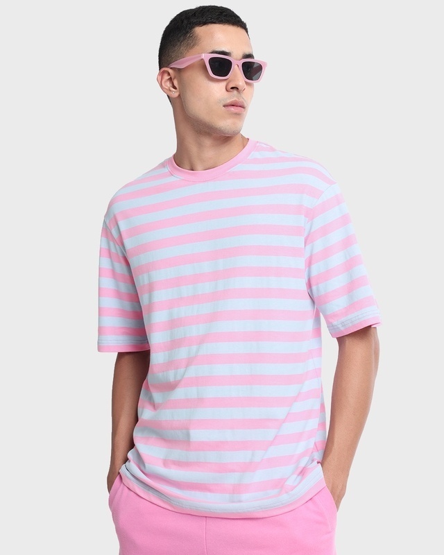 Shop Men's Pink Striped Oversized T-shirt-Front