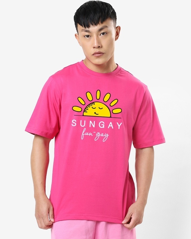 Shop Men's Pink Sungay Typography Oversized Fit T-shirt-Front