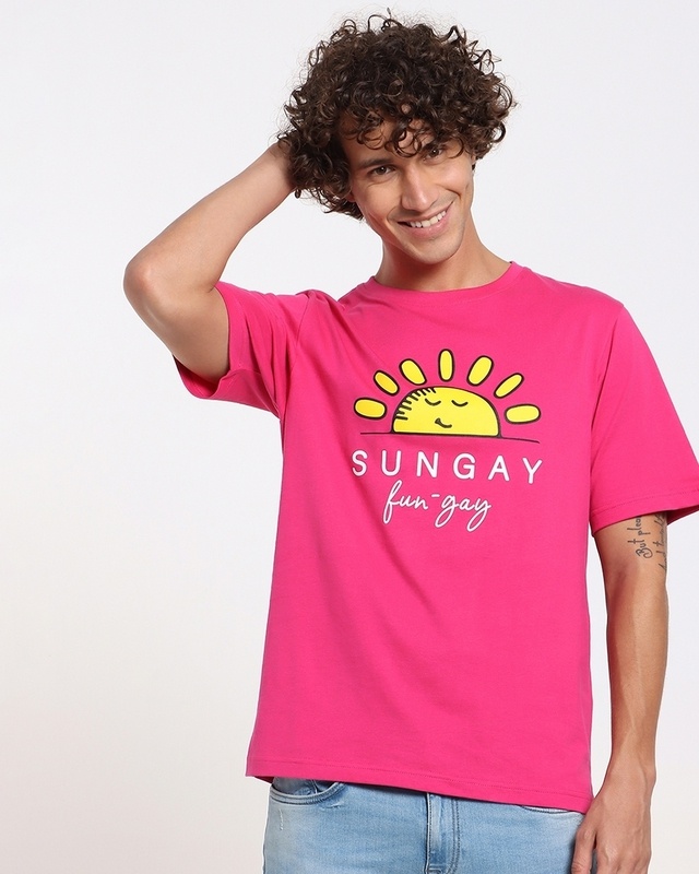 Shop Men's Pink Sungay Typography Oversized Fit T-shirt-Front