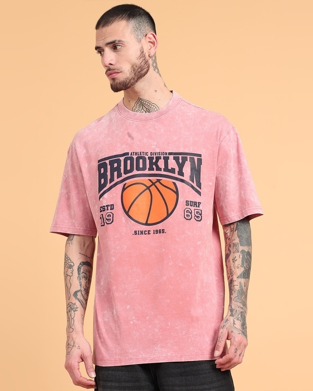 Shop Men's Pink Typography Oversized Acid Wash T-shirt-Front