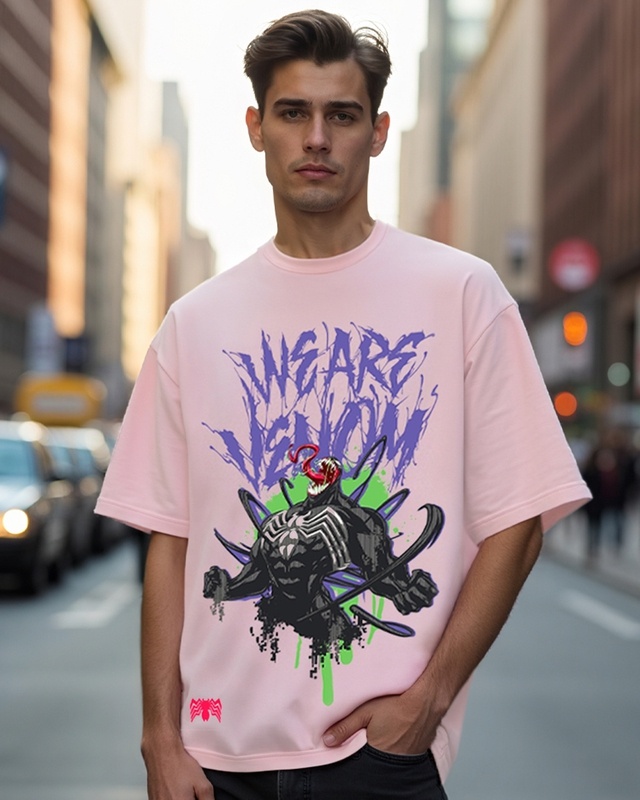 Shop Men's Pink We Are Venom Graphic Printed Oversized T-shirt-Front