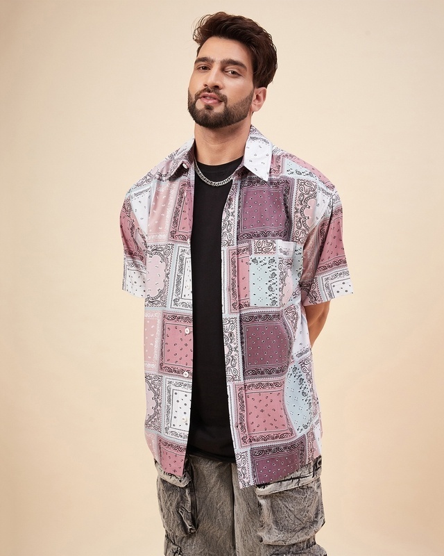 Shop Men's Pink & White All Over Paisley Printed Oversized Shirt-Front