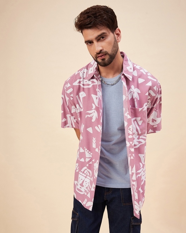 Shop Men's Pink & White All Over Printed Oversized Shirt-Front