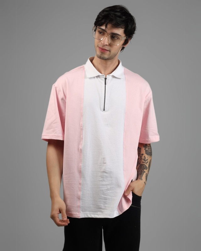 Shop Men's Pink & White Color Block Oversized Polo Zipper T-shirt-Front