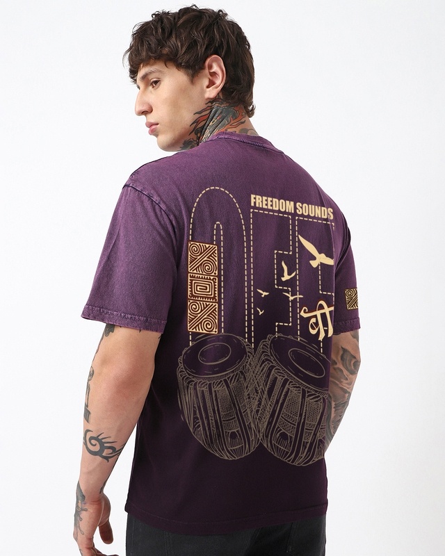 Shop Men's Plum Purple Freedom Sounds Graphic Printed Oversized Ombre Acid Wash T-shirt-Front