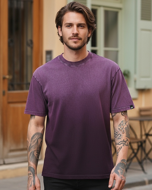 Shop Men's Plum Purple Oversized Ombre Acid Wash T-shirt-Front