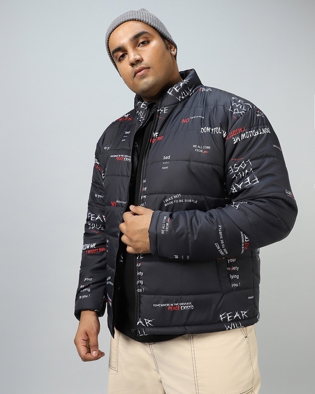 Shop Men's Black All Over Printed Oversized Plus Size Jacket-Front