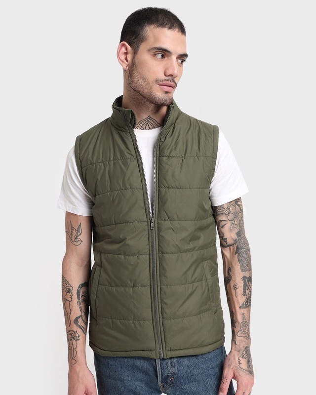 Shop Men's Olive Plus Size Sleeveless Puffer Jacket-Front