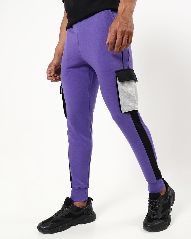Shop Men's Purple & Black Color Block Joggers-Front