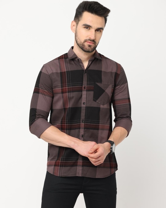 Shop Men's Purple Checked Slim Fit Shirt-Front