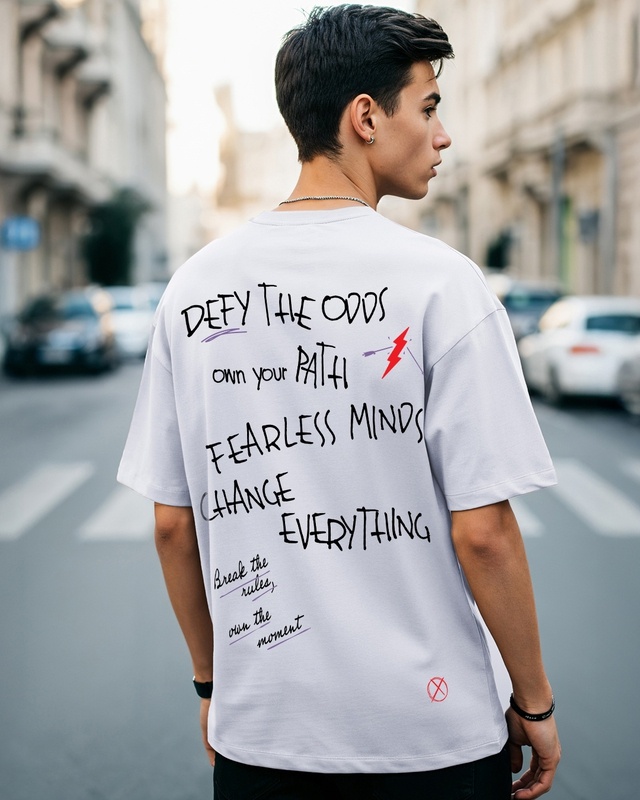Shop Men's Lavender Defy The Odds Typography Oversized T-shirt-Front