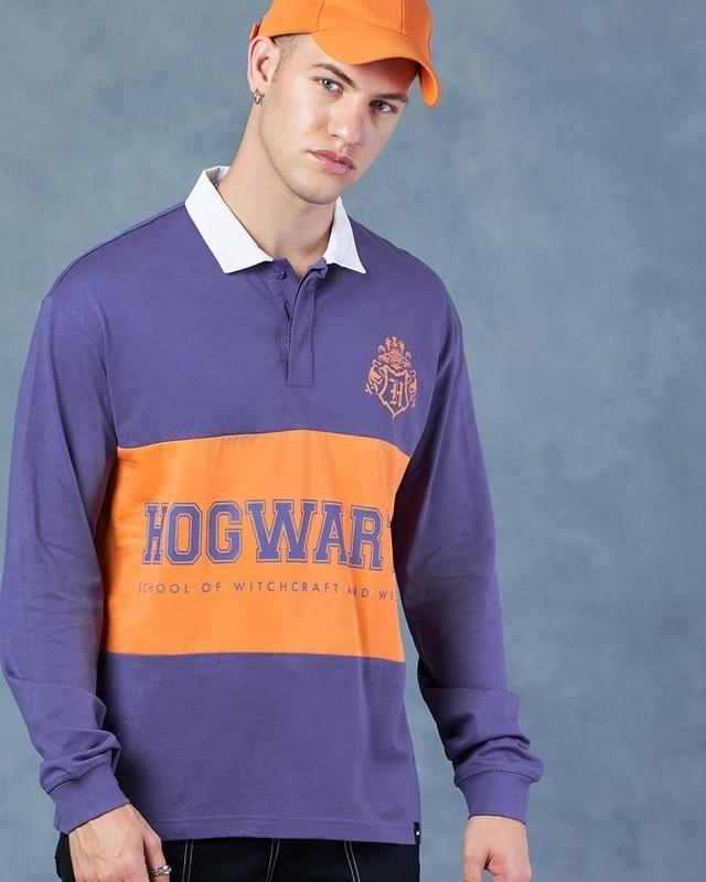 Shop Men's Purple Hogwards Graphic Printed Oversized Polo T-shirt-Front