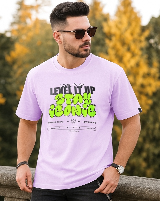 Shop Men's Purple Level It Up Stay Iconic Typography Oversized T-shirt-Front
