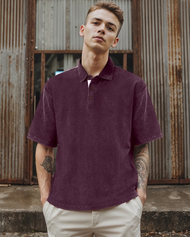 Shop Men's Purple Oversized Acid Wash Polo T-shirt-Front