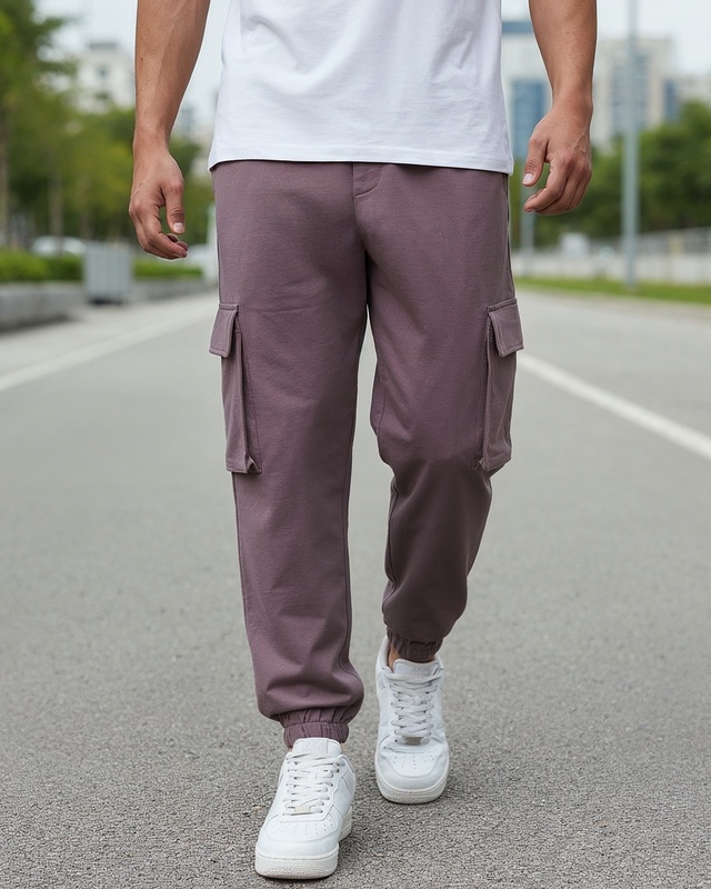 Men's Purple Oversized Cargo Warm Joggers-Front Bewakoof Shop Men's Purple Oversized Cargo Warm Joggers-Front