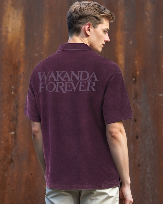 Shop Men's Purple Panther Typography Oversized Acid Wash Polo T-shirt-Front