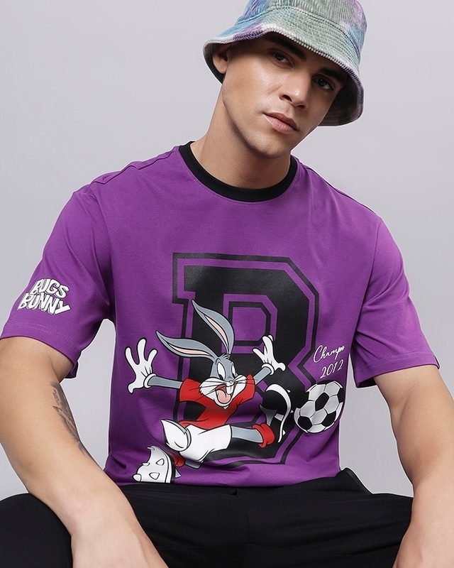 Shop Men's Purple Playing Bugs Graphic Printed Oversized T-shirt-Front