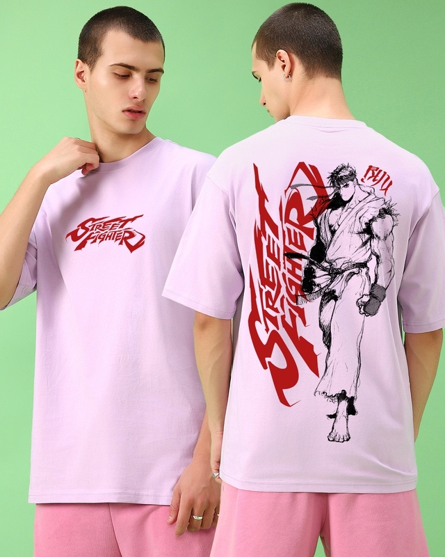 Shop Men's Purple Ryu Street Fighter Graphic Printed Oversized T-shirt-Front