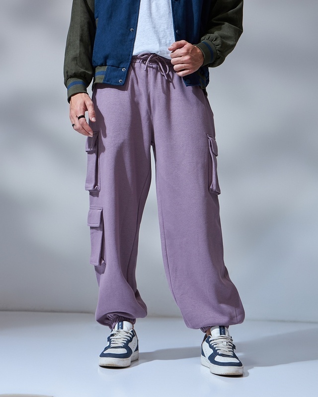 Solid Lilac Premium Terry Cargo Pants For Womens