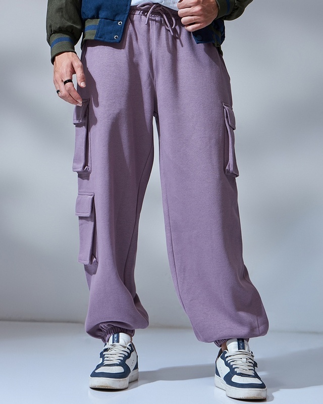 Shop Men's Purple Super Loose Fit Cargo Joggers-Front