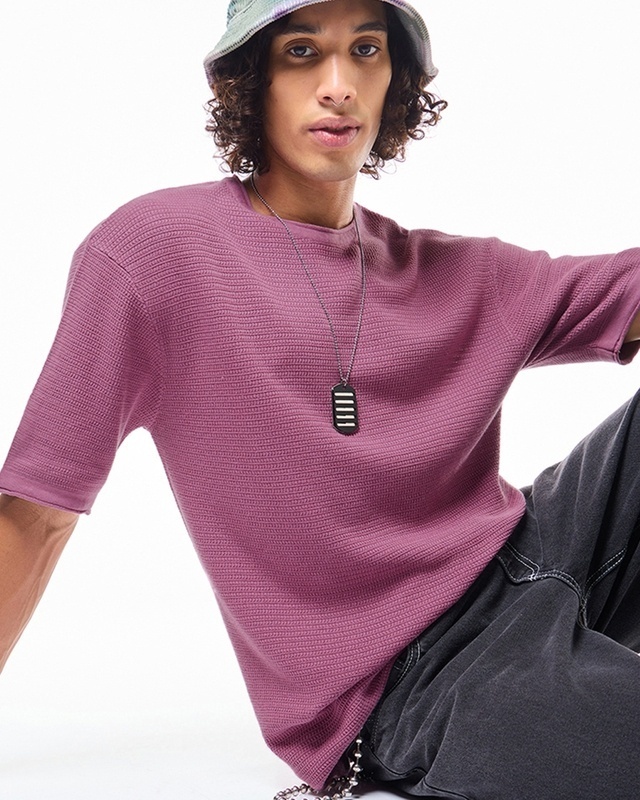 Shop Men's Purple Textured Oversized Flatknit T-shirt-Front