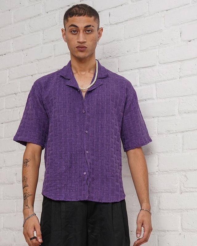 Shop Men's Purple Textured Oversized Shirt-Front