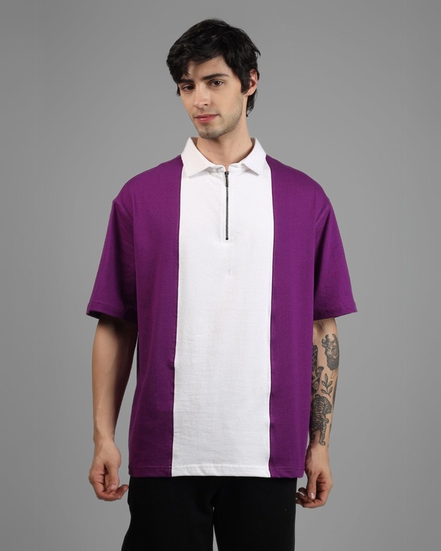 Shop Men's Purple & White Color Block Oversized Polo Zipper T-shirt-Front