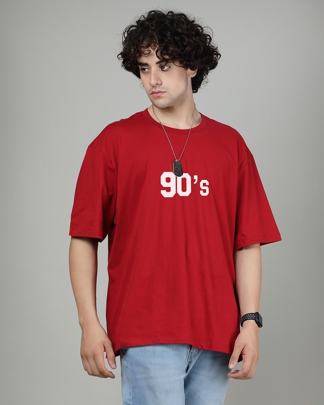 Shop Men's Red 90's Typography Oversized T-shirt-Front