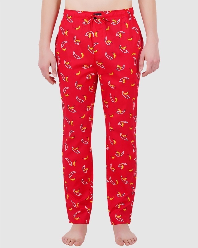 Shop Men's Red All Over Chilli Pepper Printed Cotton Pyjamas-Front
