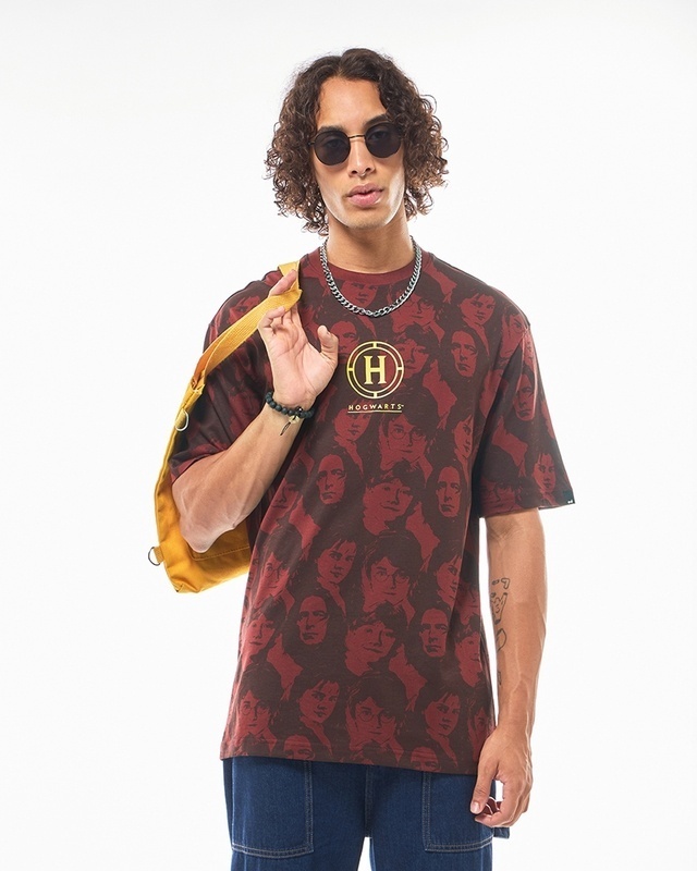 Shop Men's Red All Over Printed Oversized T-shirt-Front