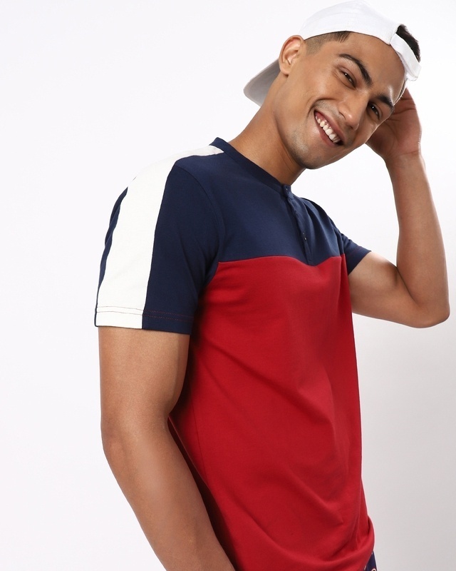 Shop Men's Red and Blue Color Block Henley T-shirt-Front