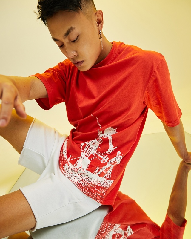 Shop Men's Red Anime Printed Oversized T-shirt-Front