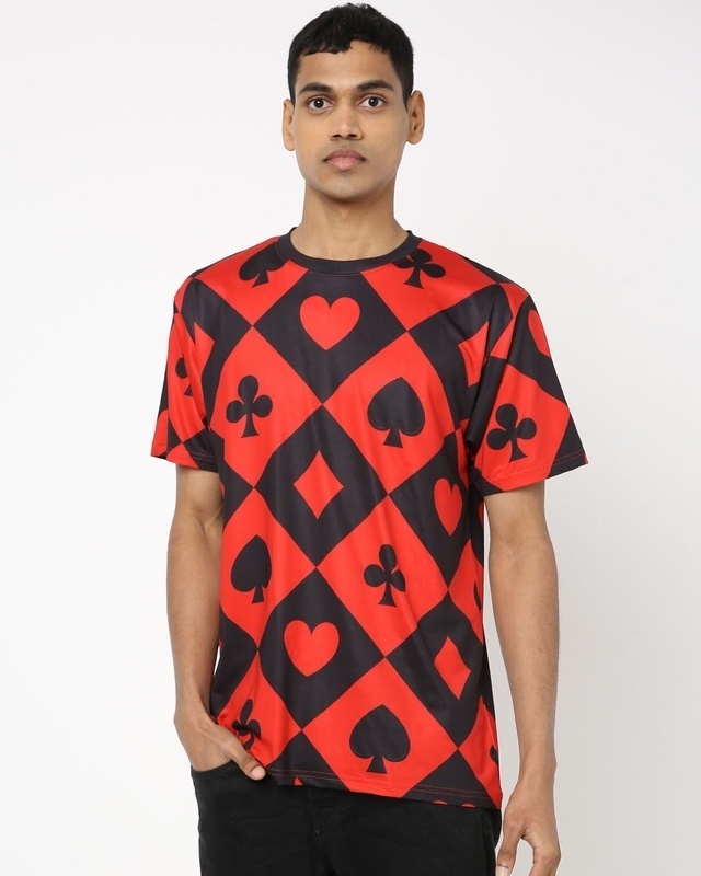 Shop Men's Red & Black All Over Crimson Card Printed T-shirt-Front