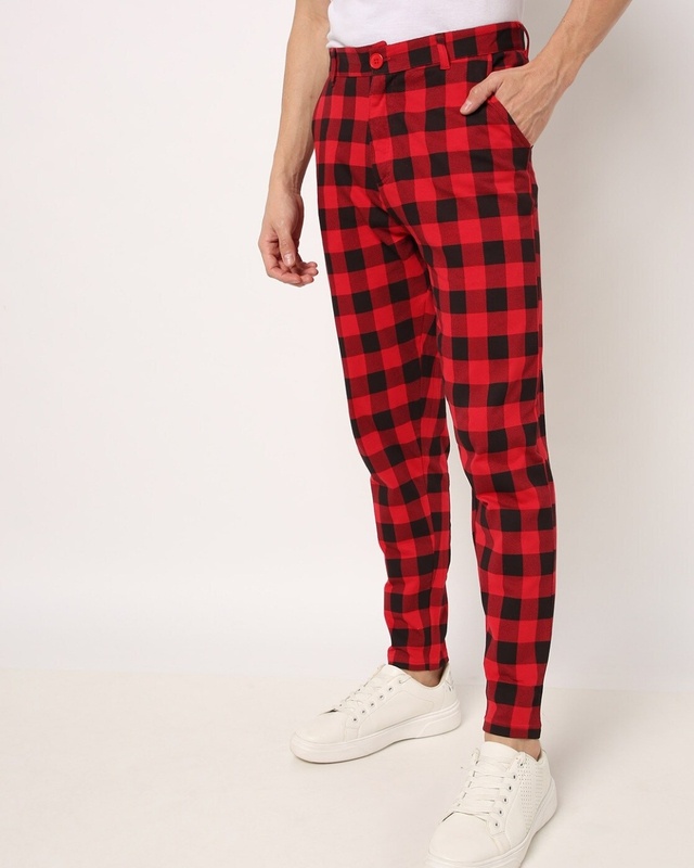 Shop Men's Red & Black Checked Tapered Fit Chinos-Front