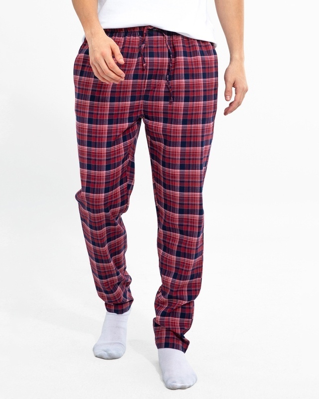 Shop Men's Red & Blue Checked Cotton Pyjamas-Front