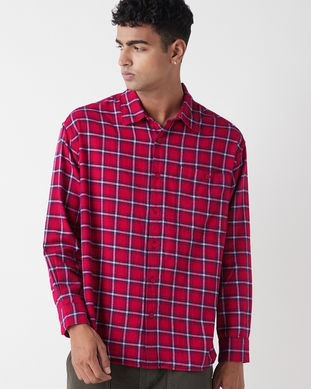 Shop Men's Red Checked Oversized Shirt-Front