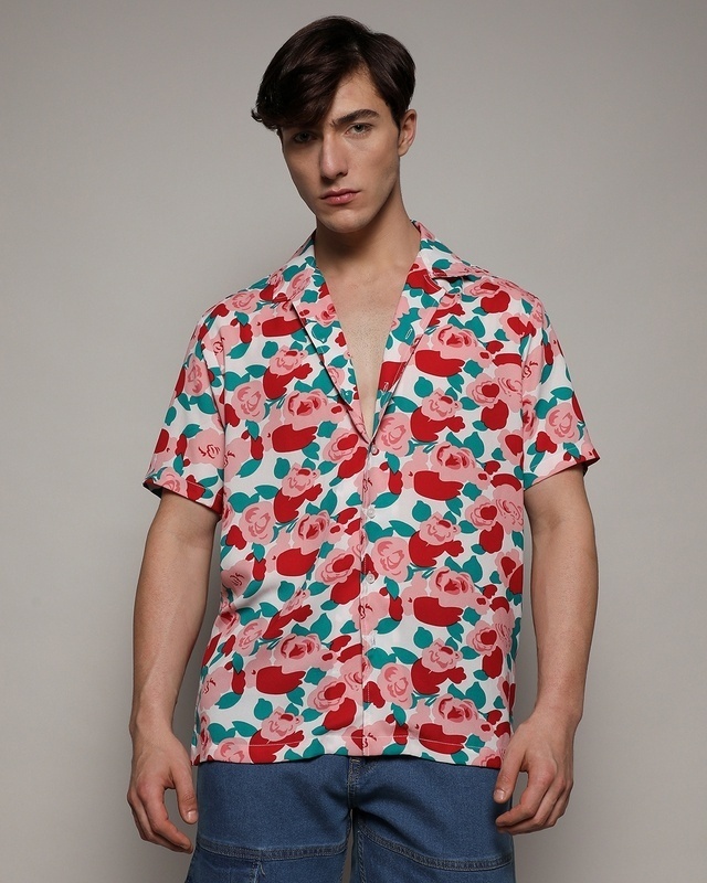 Shop Men's White & Red Floral Printed Relaxed Fit Shirt-Front