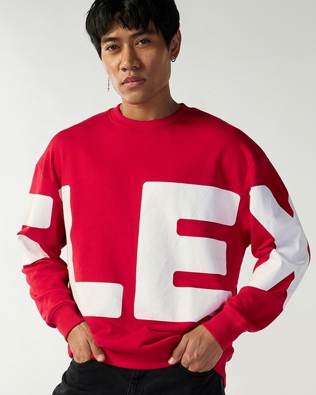 Shop Men's Red Typography Oversized Sweatshirt-Front