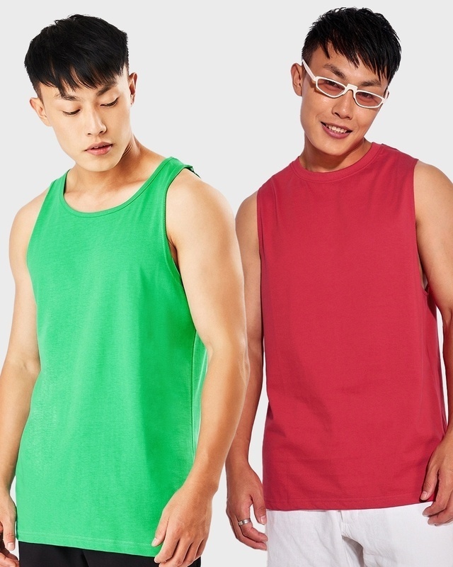 Shop Men's Deep Mint Green & Red Oversized Vest (Pack of 2)-Front