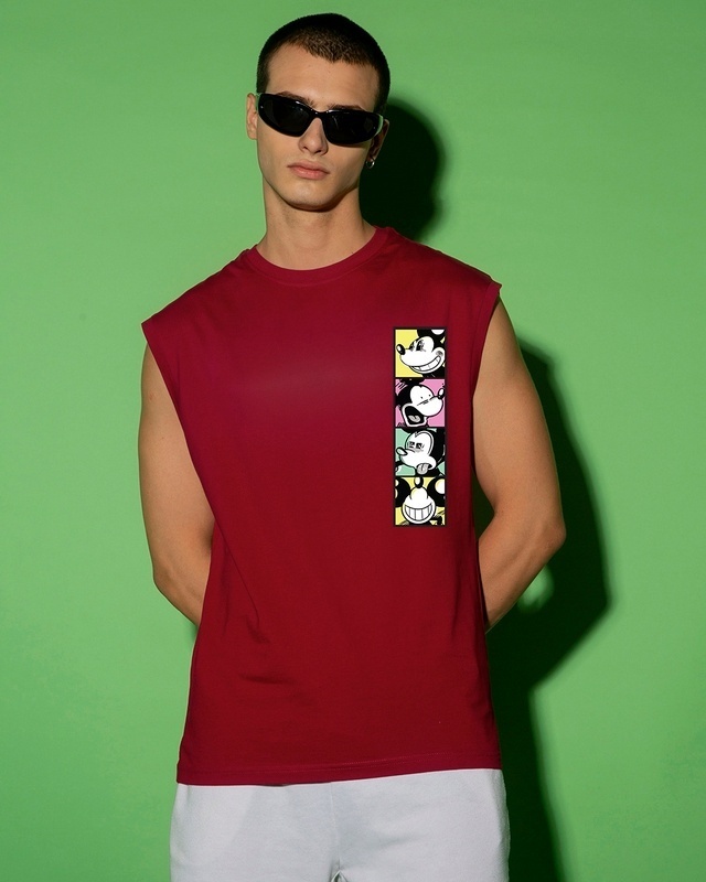 Shop Men's Red Mickey faces Graphic Printed Boxy Fit Vest-Front