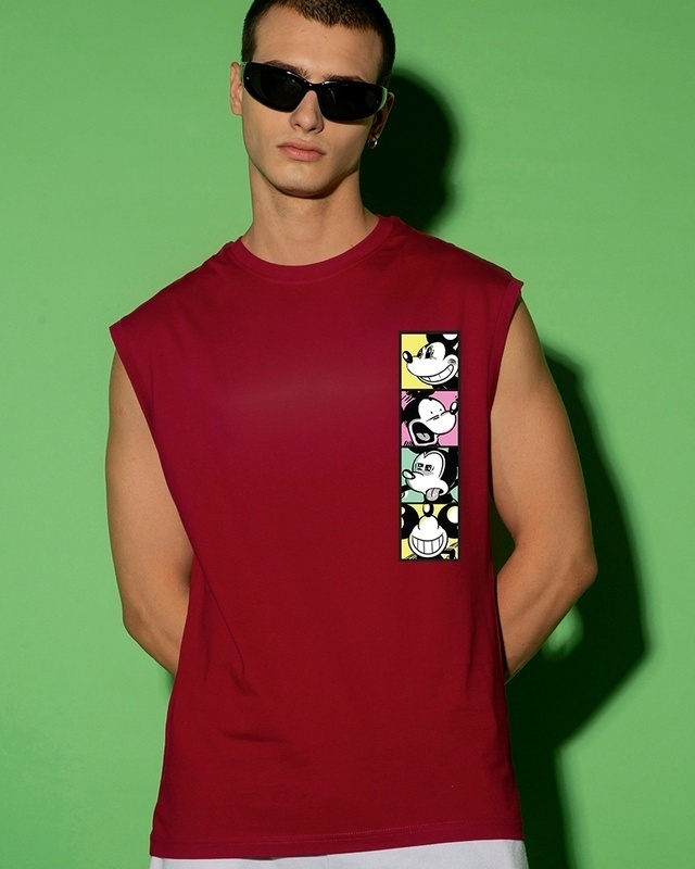 Shop Men's Red Mickey faces Graphic Printed Boxy Fit Vest-Front