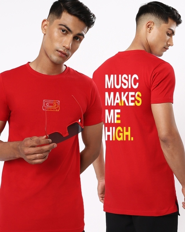 Shop Men's Red Music Makes Me High Typography T-shirt-Front