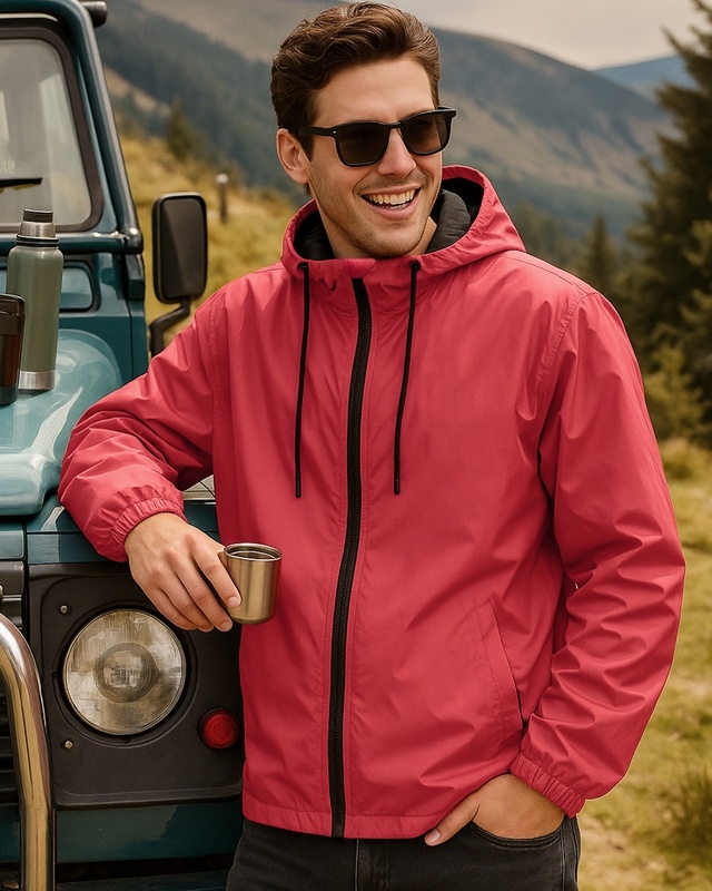 Shop Men's Red Oversized Hooded Windcheater Jacket-Front