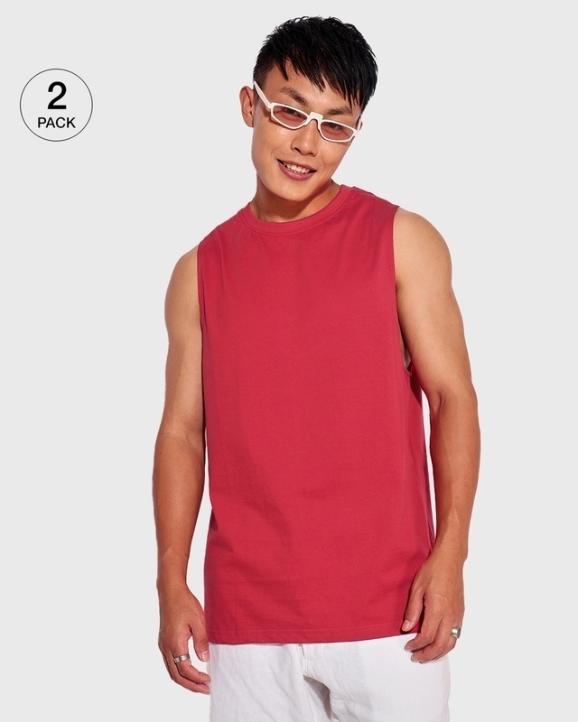 Shop Men's Red Deep Armhole Oversized Vest (Pack of 2)-Front