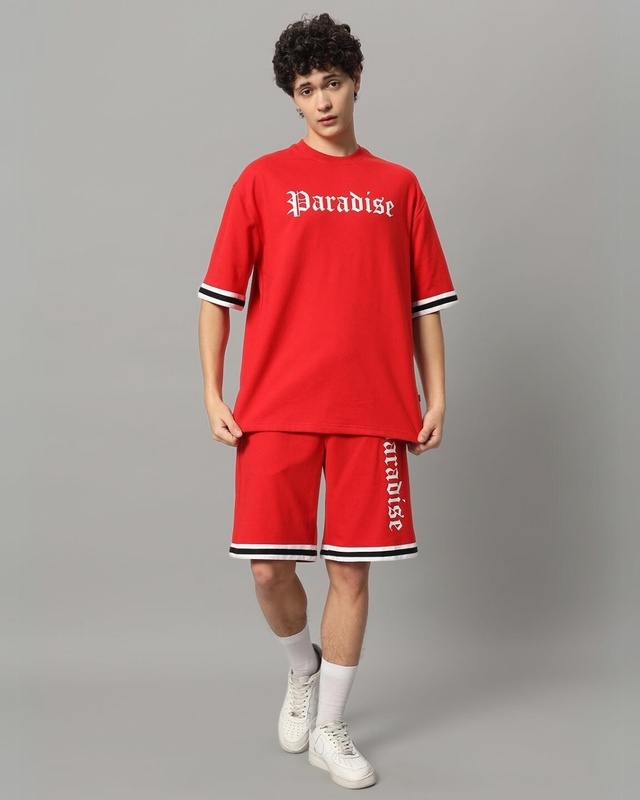 Shop Men's Red Paradise Typography Oversized Fit Co-ordinates-Front