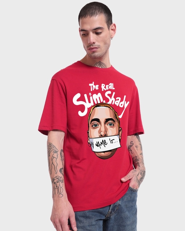 Shop Men's Red Real Slim Shady Graphic Printed Oversized T-shirt-Front
