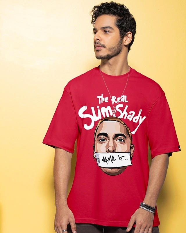 Shop Men's Red Real Slim Shady Graphic Printed Oversized T-shirt-Front