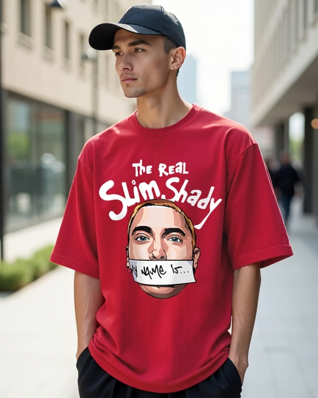 Shop Men's Red Real Slim Shady Graphic Printed Oversized T-shirt-Front